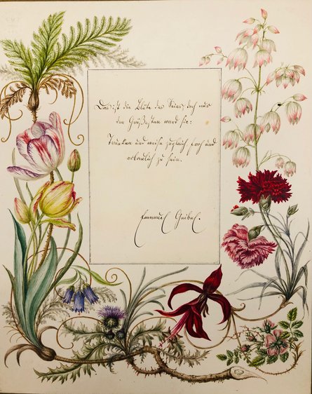 Eigenhändiges Gedicht „Das ist die Blüte des Seins…“, auf ein mit aquarellierten Blumen verziertes Blatt montiert, 1860. Schleswig-Holsteinische Landesbibliothek