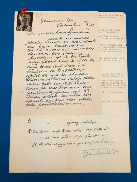 Eigenhändiger Brief Hermann Claudius an einen schwedischen Leser (Ljungerud), Hamburg, 17.06.1951. Schleswig-Holsteinische Landesbibliothek.